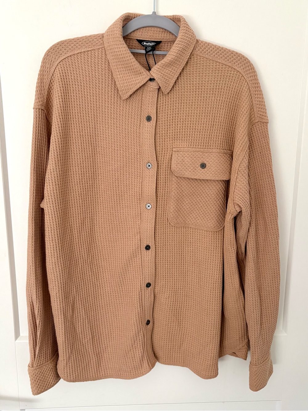 Buffalo Jeans Waffle Knit Button Up Top Shacket Tan - Small
